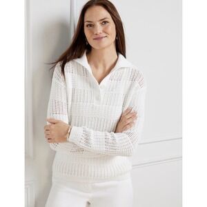 Talbots NEW White‎ Open Stitch Sailor Collar Sweater Cotton Knit Coastal Sz M